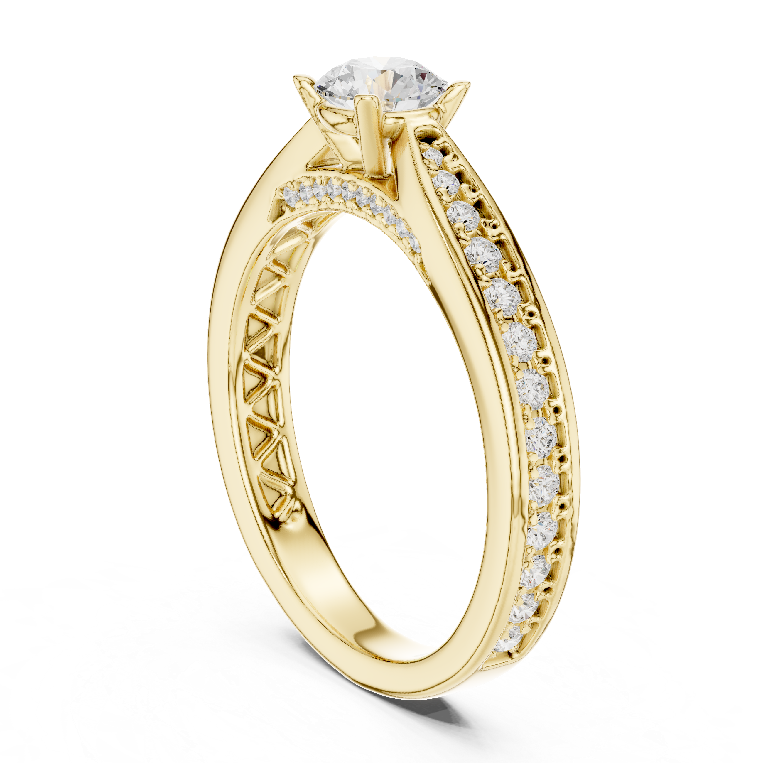 Diamond Solitaire Engagement Ring with Pavé and Filigree Details