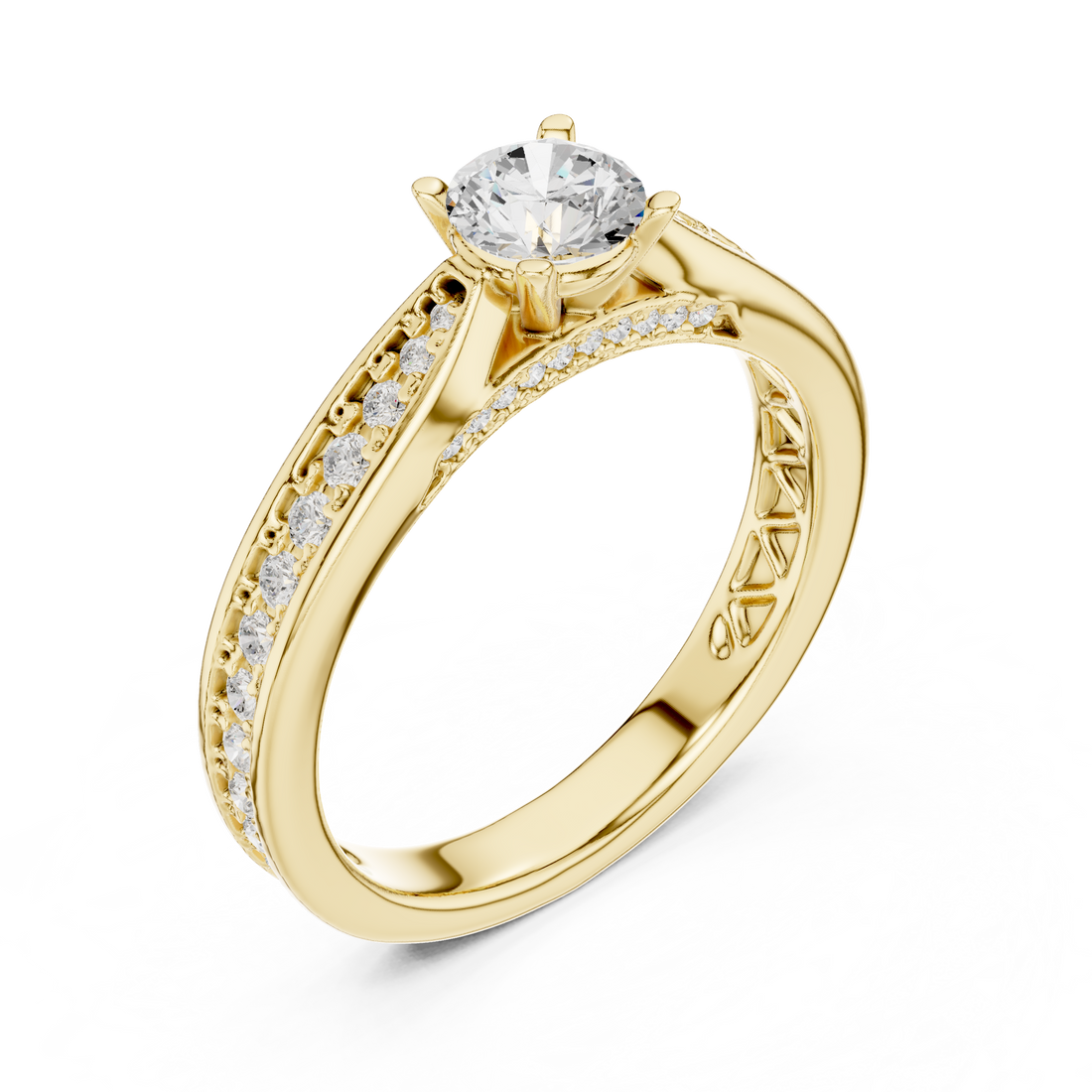Diamond Solitaire Engagement Ring with Pavé and Filigree Details