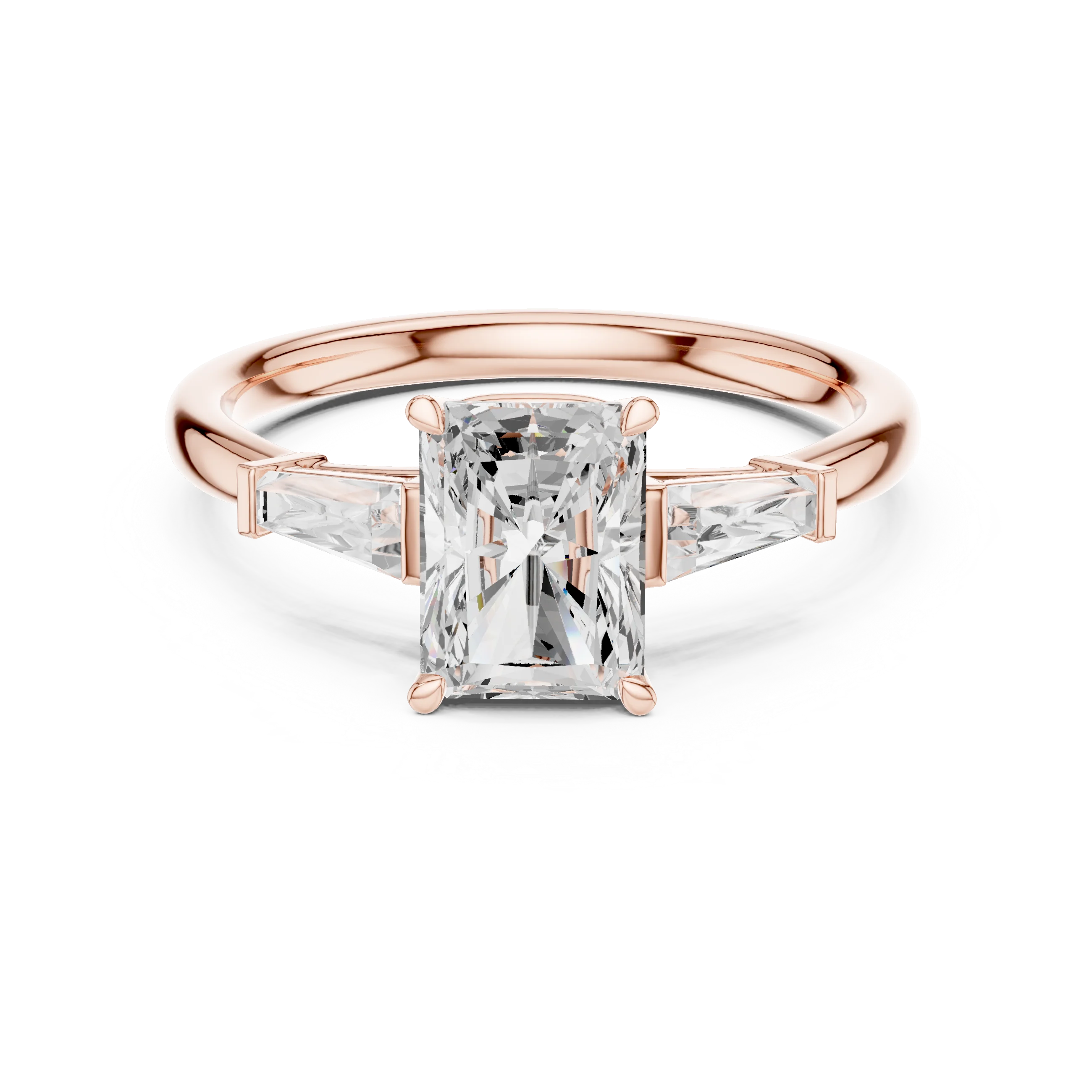 Front view of rose gold majestic radiant three stone diamond ring with lab-grown diamonds – Australia