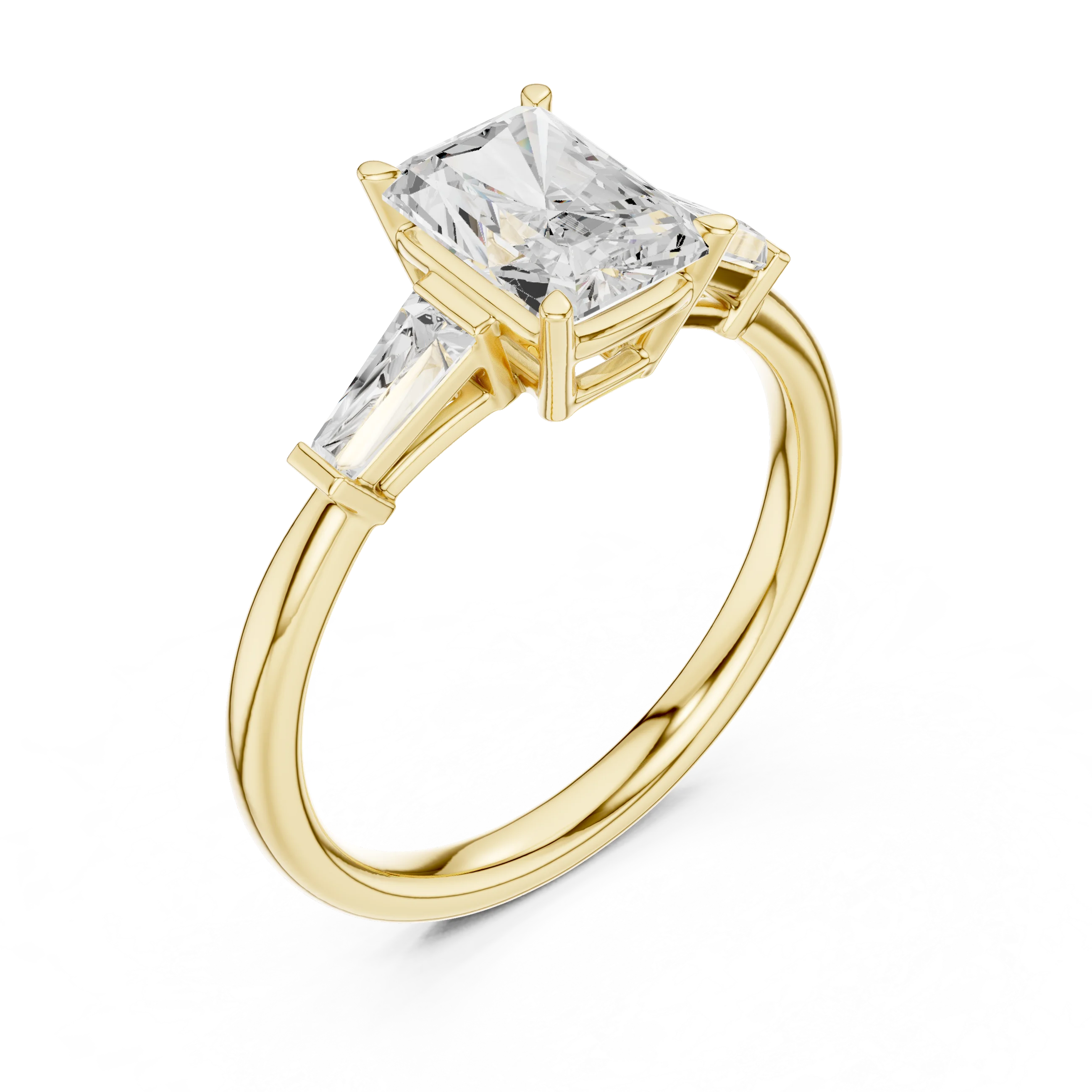 Front side view of yellow gold majestic radiant three stone diamond ring with lab-grown diamonds – Australia