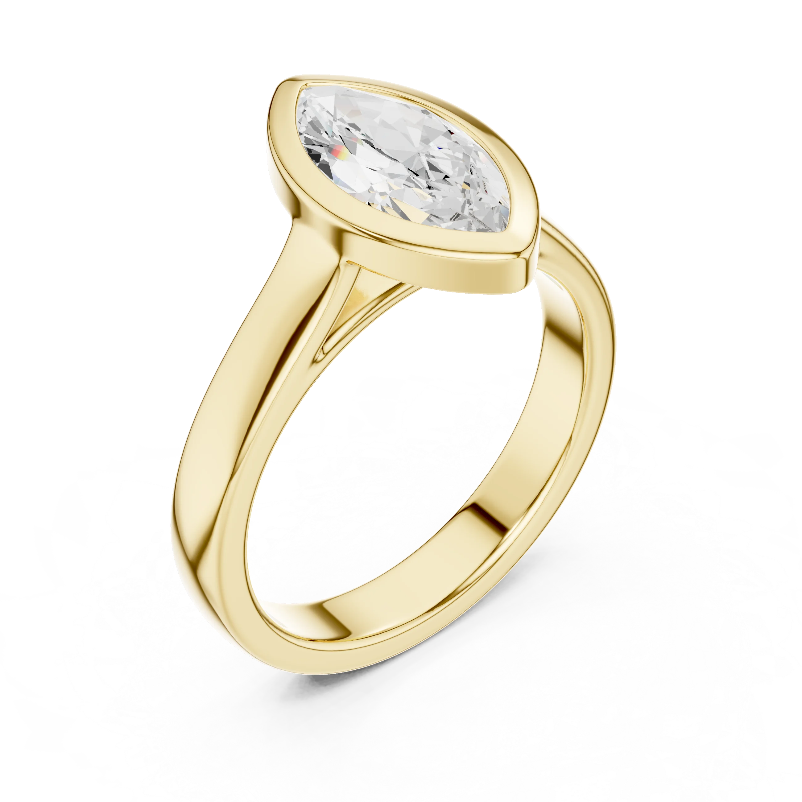 Front view of yellow gold marquise bezel solitaire ring with lab-grown diamond – Australia