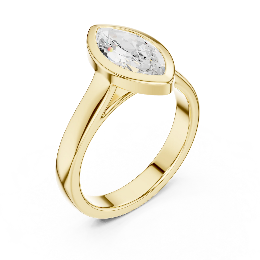 Front view of yellow gold marquise bezel solitaire ring with lab-grown diamond – Australia