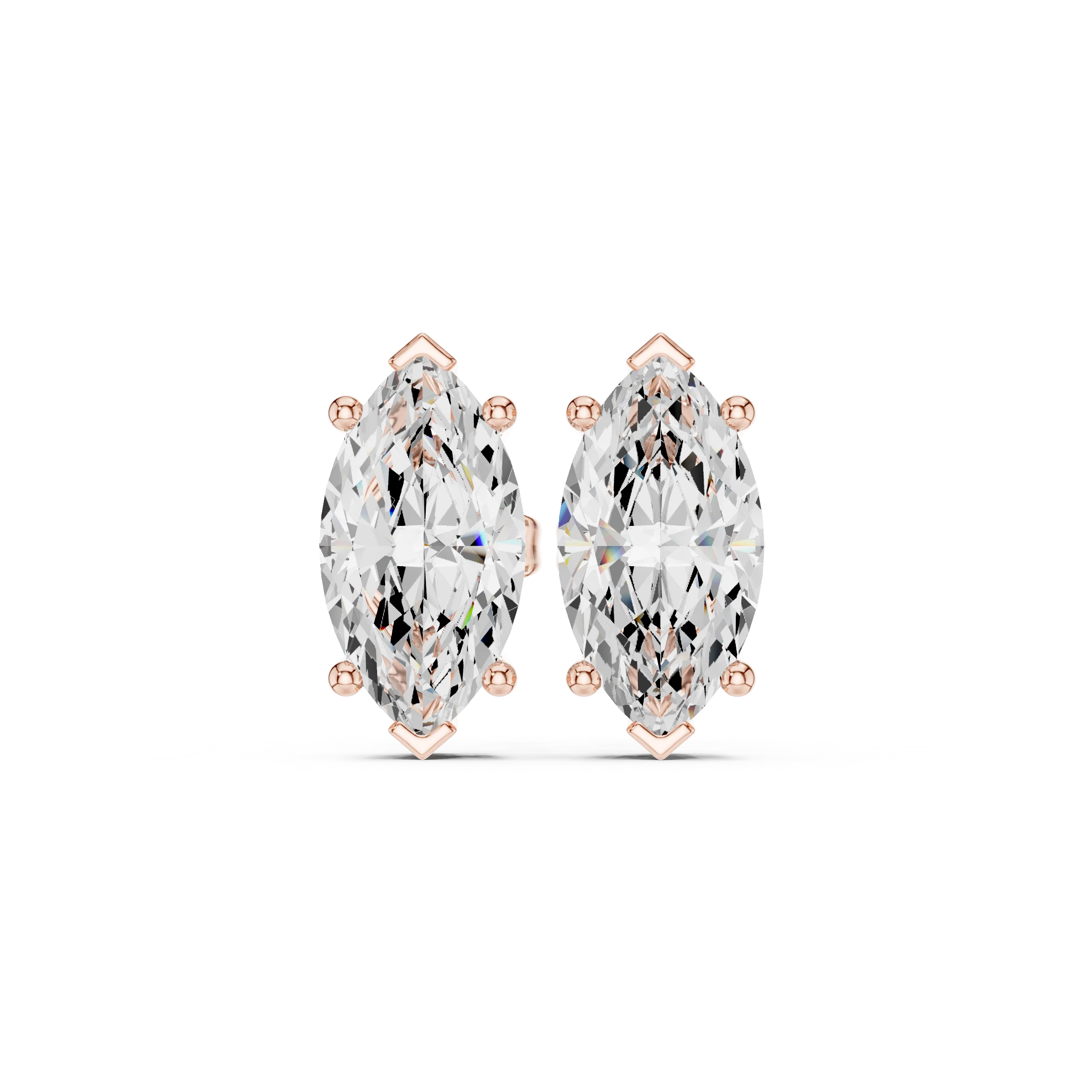 Pair of marquise-shaped diamond earrings with rose gold prongs on a white background