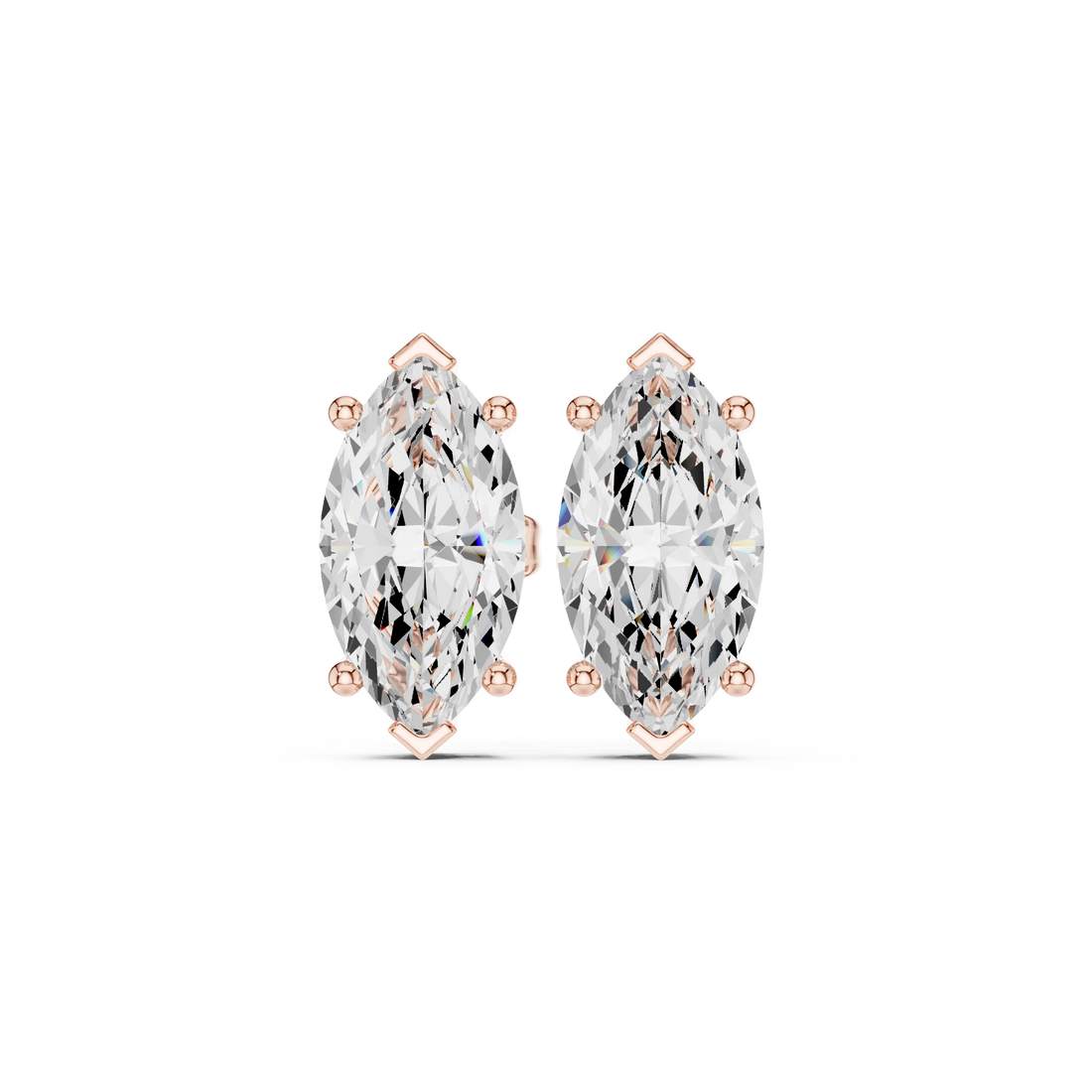 Pair of marquise-shaped diamond earrings with rose gold prongs on a white background