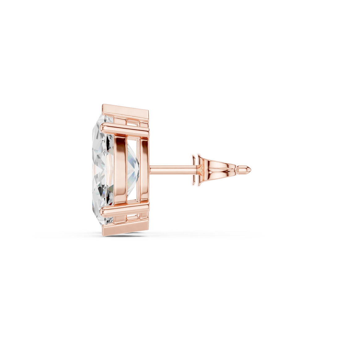 Rose gold earring with clear gemstone on a white background in side view