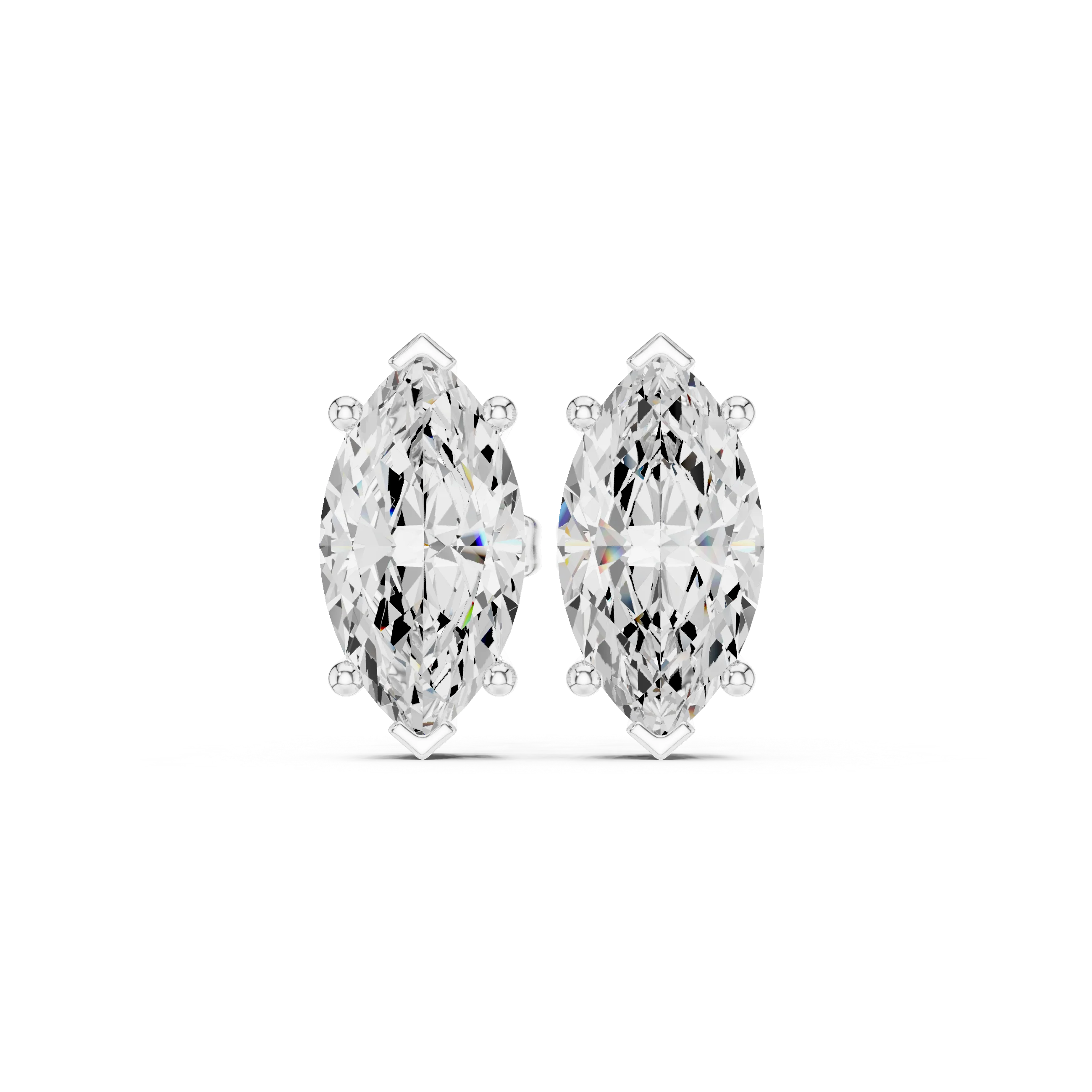 Pair of marquise-shaped diamond earrings on a white background in white gold