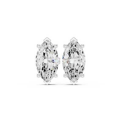 Pair of marquise-shaped diamond earrings on a white background in white gold