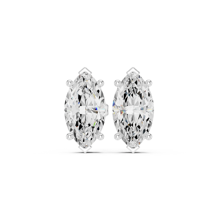 Pair of marquise-shaped diamond earrings on a white background in white gold