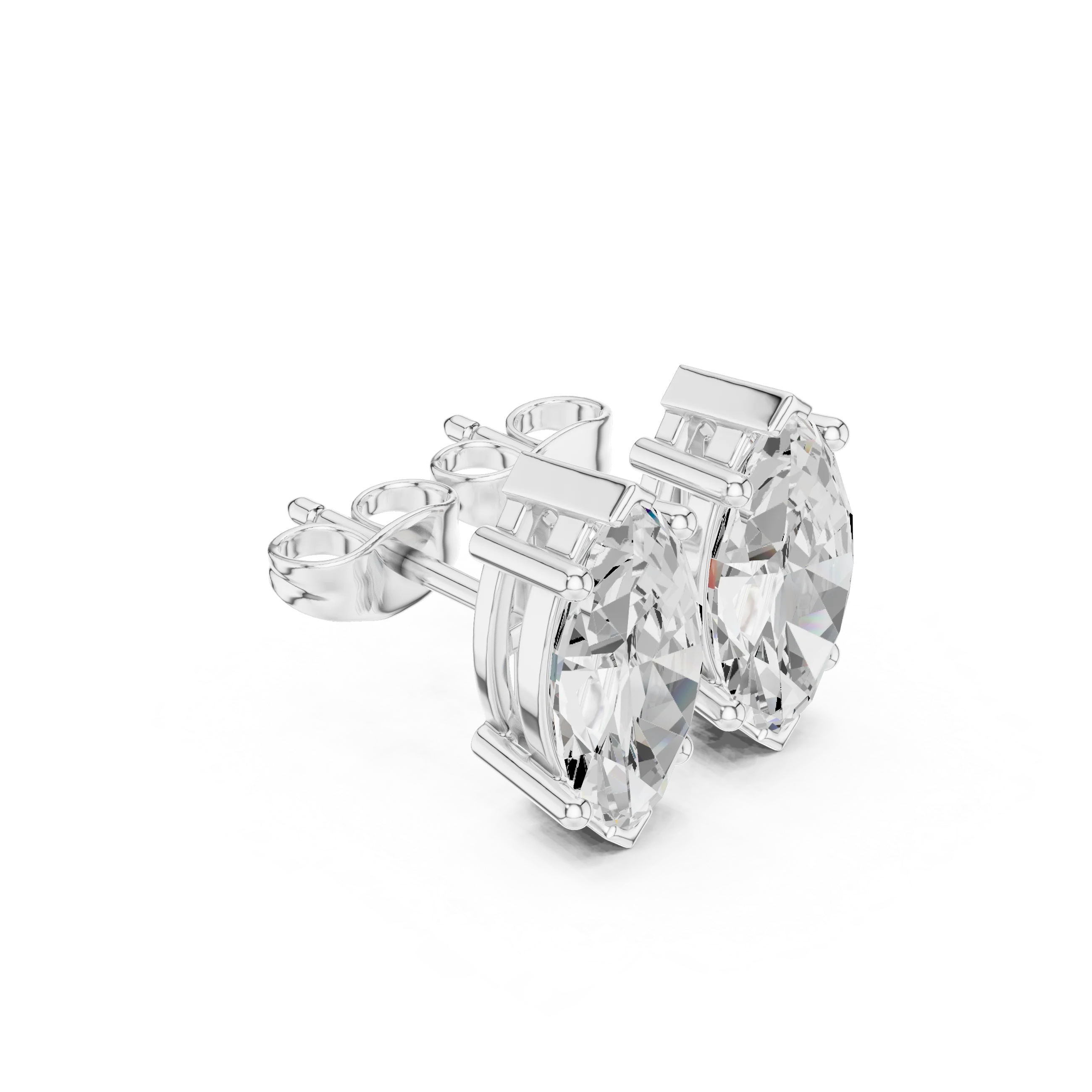 Diamond stud earrings on a white background in white gold with top view