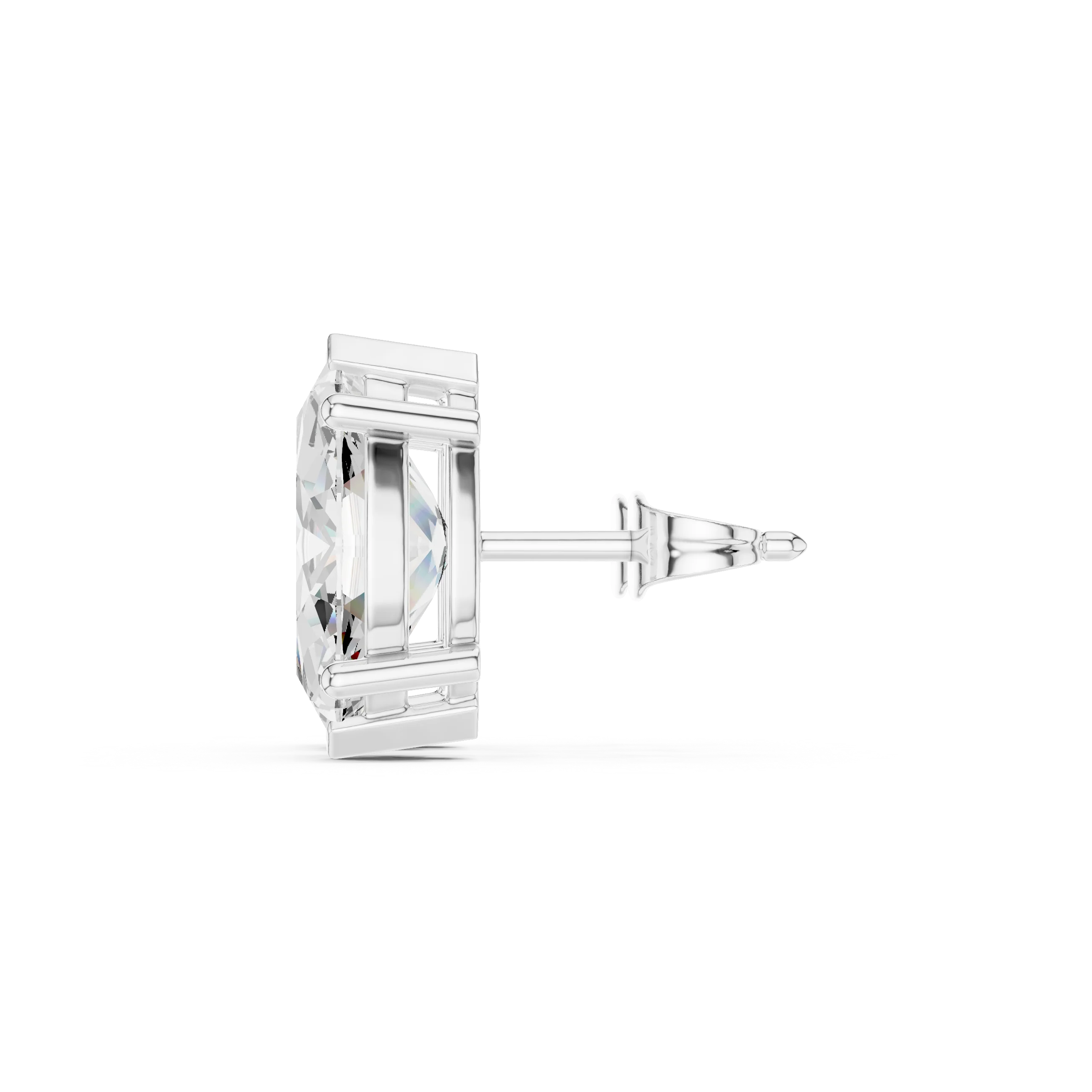 Silver stud earring with a clear gemstone on a white background in white gold with side view