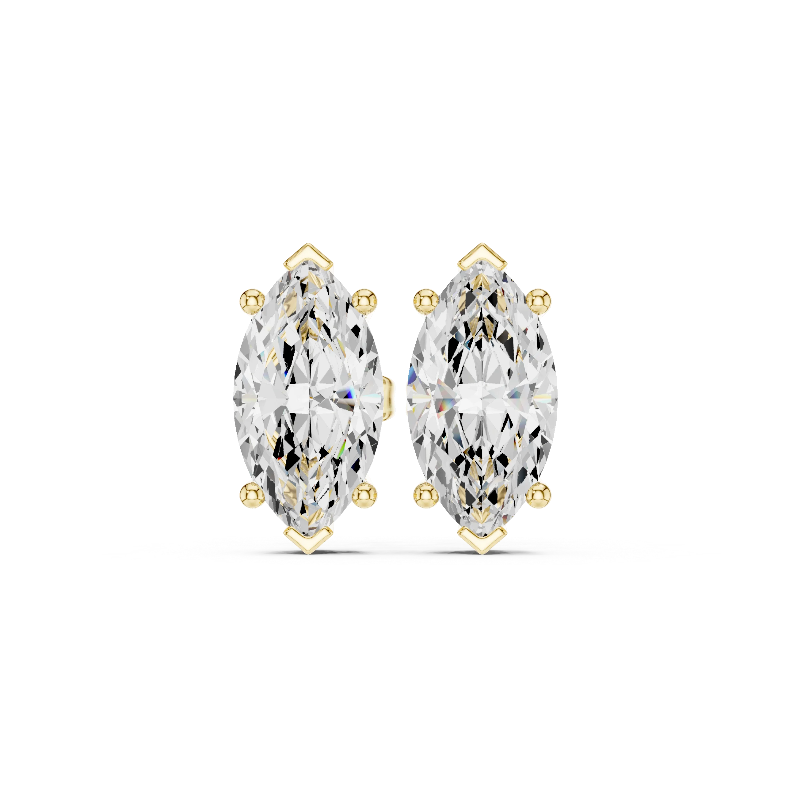 Pair of marquise-shaped diamond earrings with yellow gold prongs on a white background