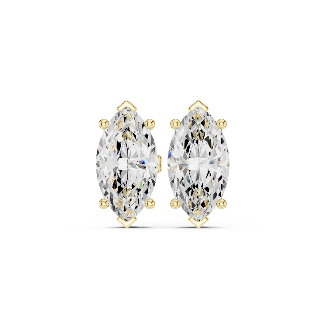 Pair of marquise-shaped diamond earrings with yellow gold prongs on a white background