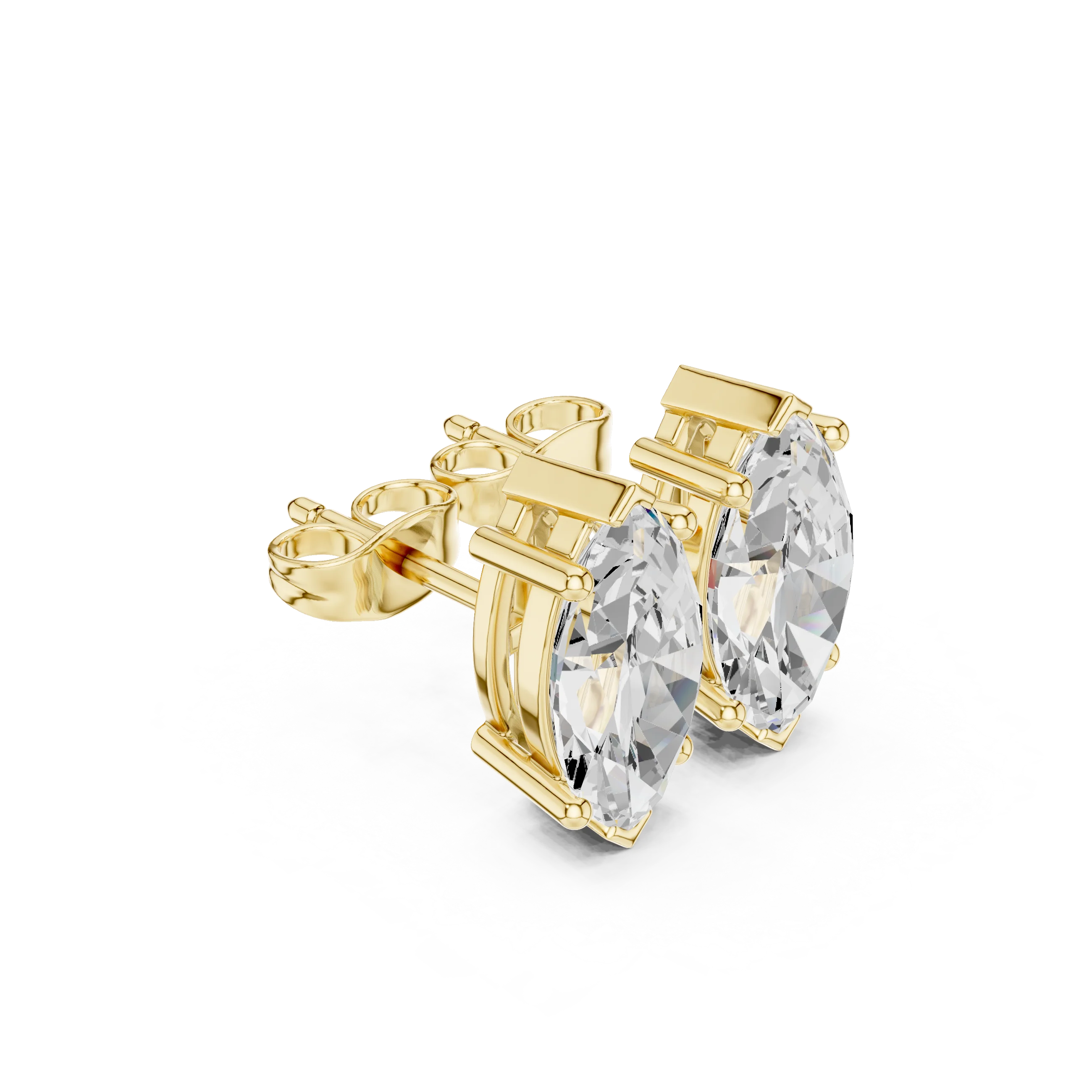 Gold earrings with clear gemstones on a white background with Top view