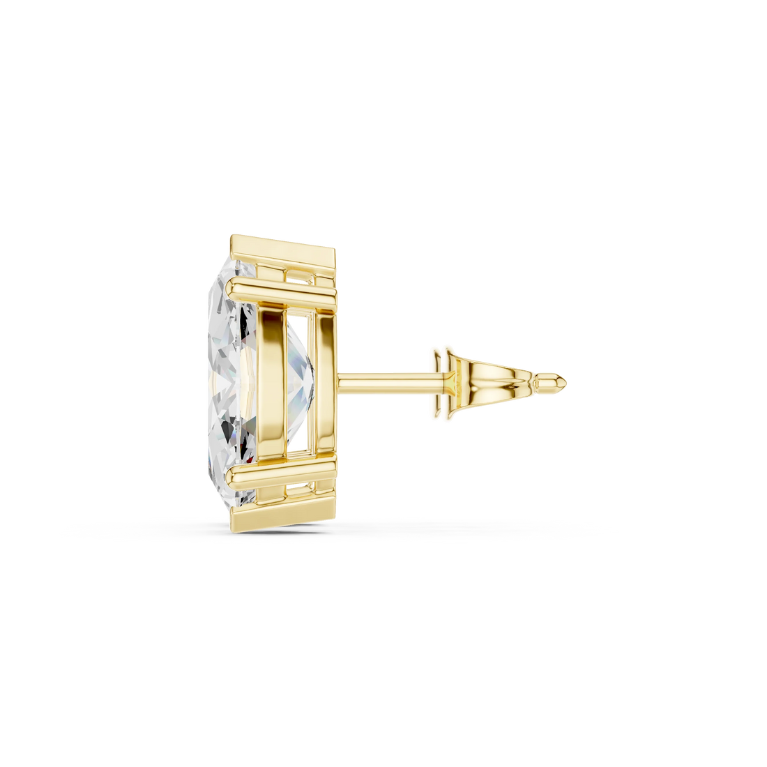 Gold earring with clear gemstone on a white background with side view