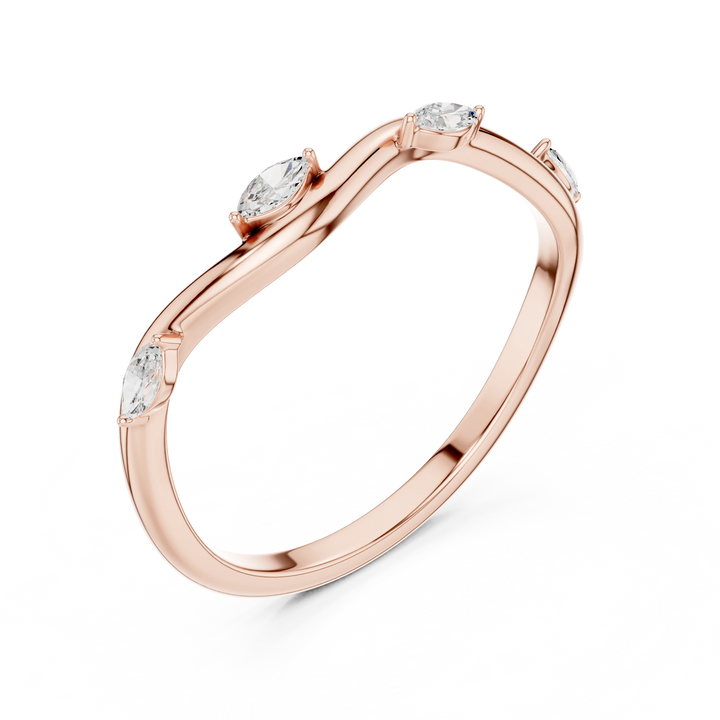 Marquise diamond curved wedding band in rose gold with lab-grown diamonds front view