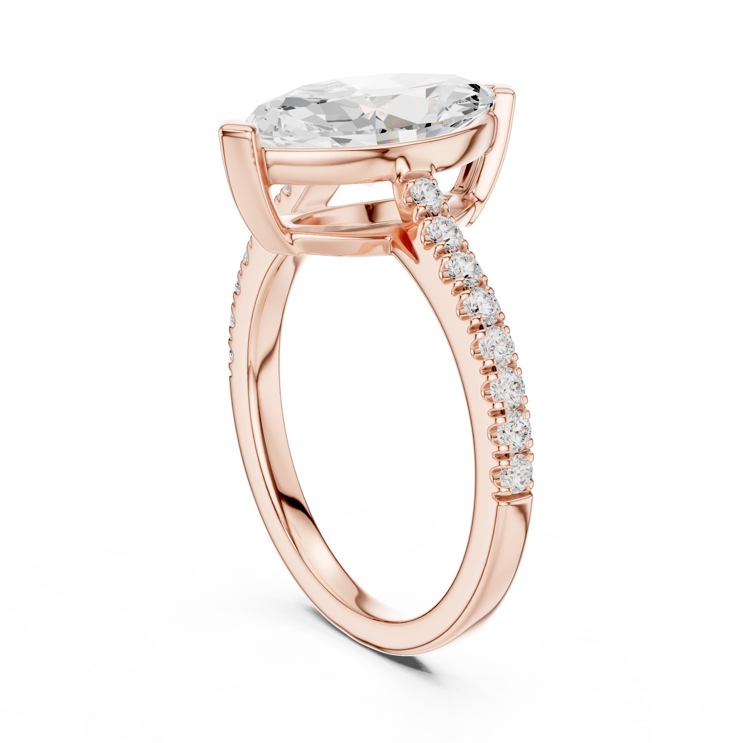 Back side view of rose gold marquise diamond pavé band ring showing band and setting details