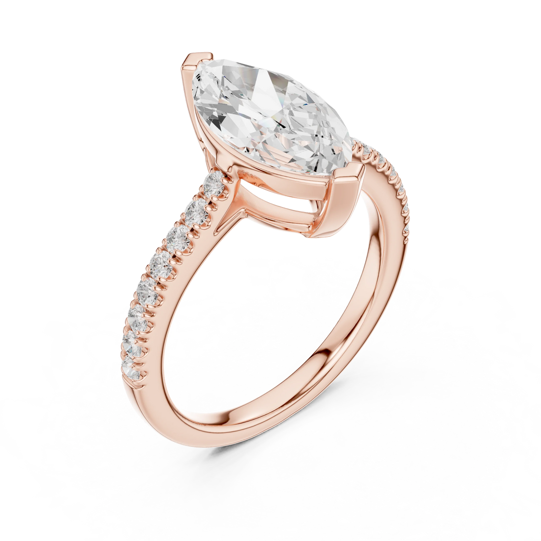 Front view of rose gold marquise diamond pavé band ring