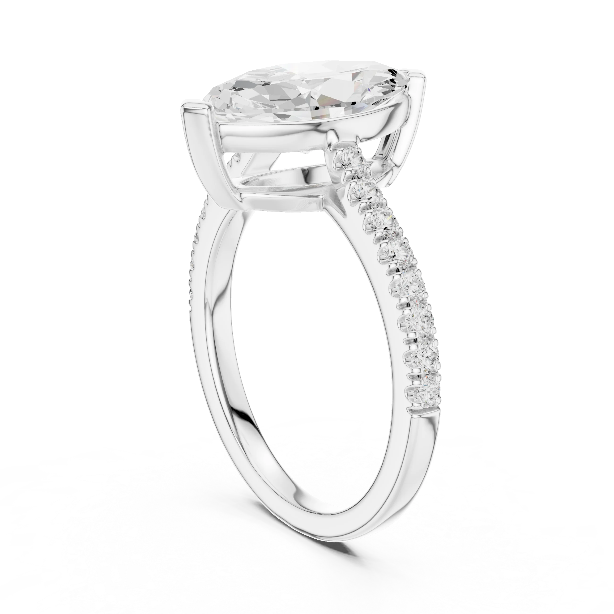 Back side view of white gold marquise diamond pavé band ring showing band and setting details