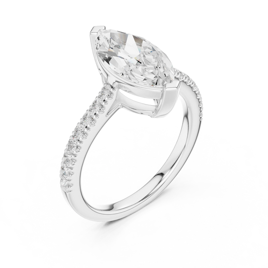 Front view of white gold marquise diamond pavé band ring