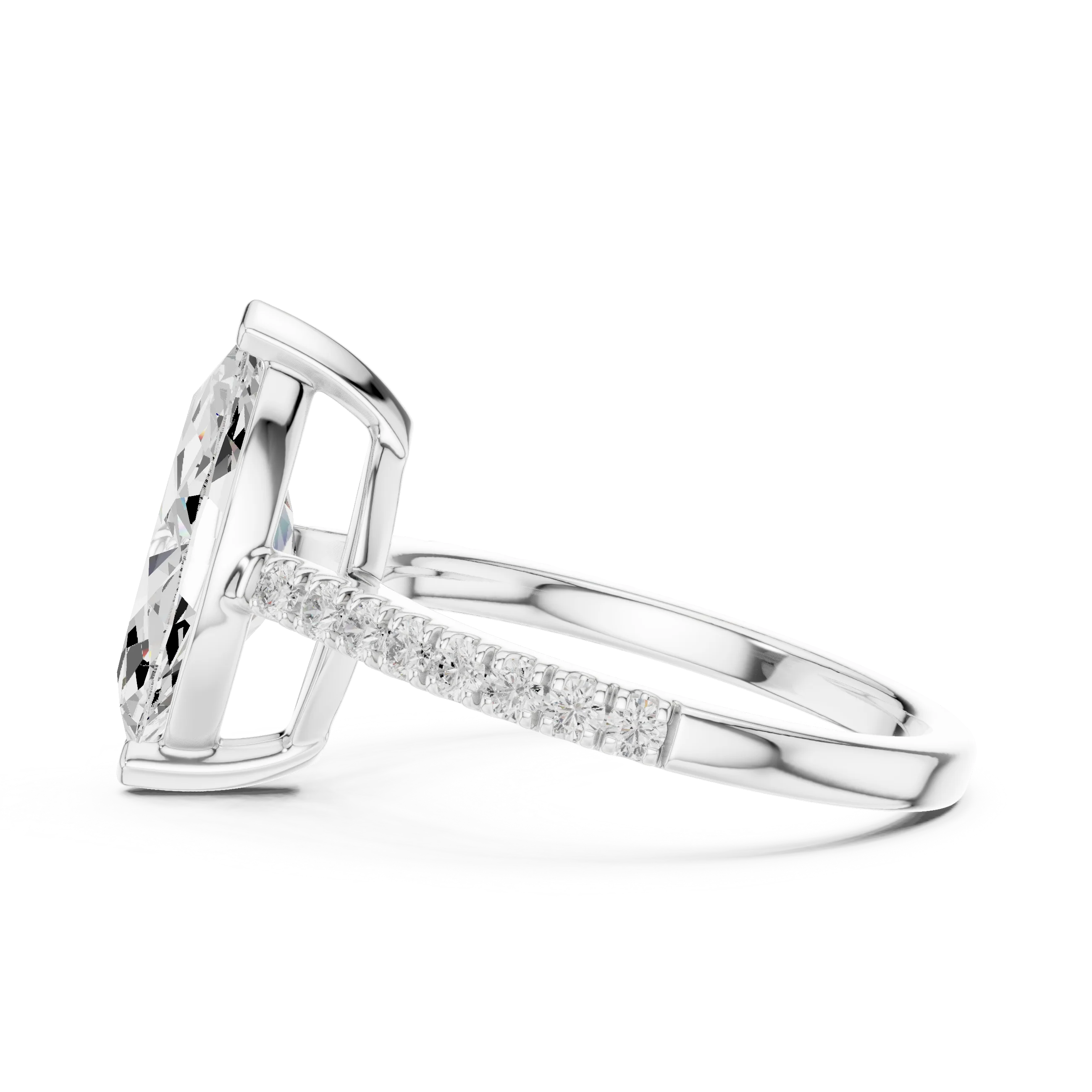 Side view of white gold marquise diamond pavé band ring with detailed band setting