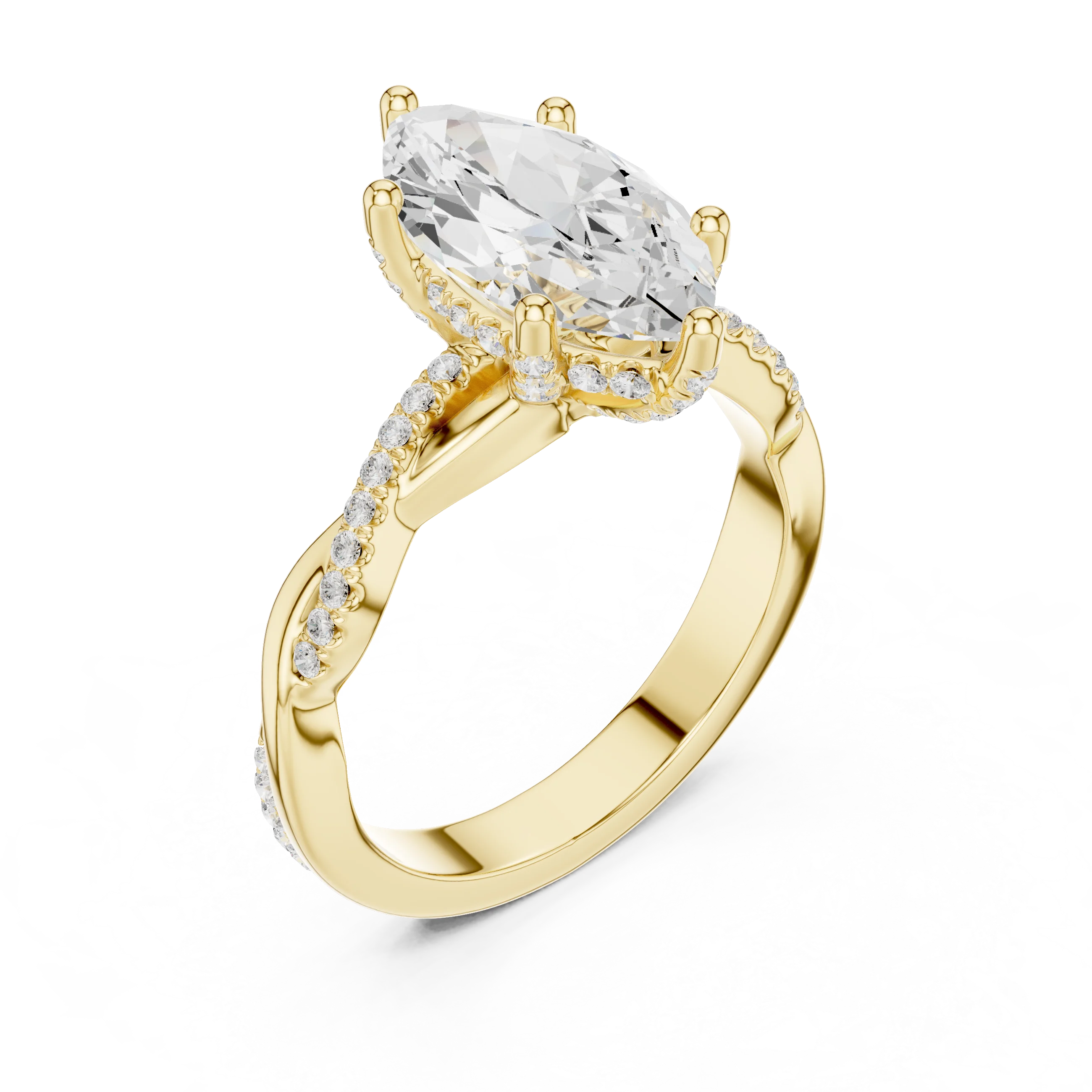 Front view of yellow gold marquise diamond ring with twisted vine pave band and lab-grown diamond – Australia