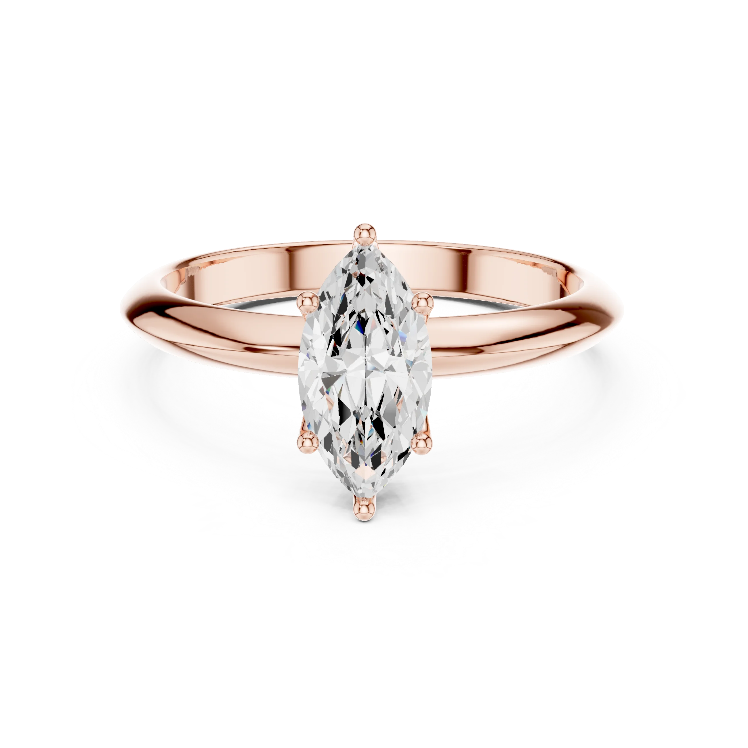 Lab-grown marquise cut diamond solitaire ring in rose gold, soft tone top view.