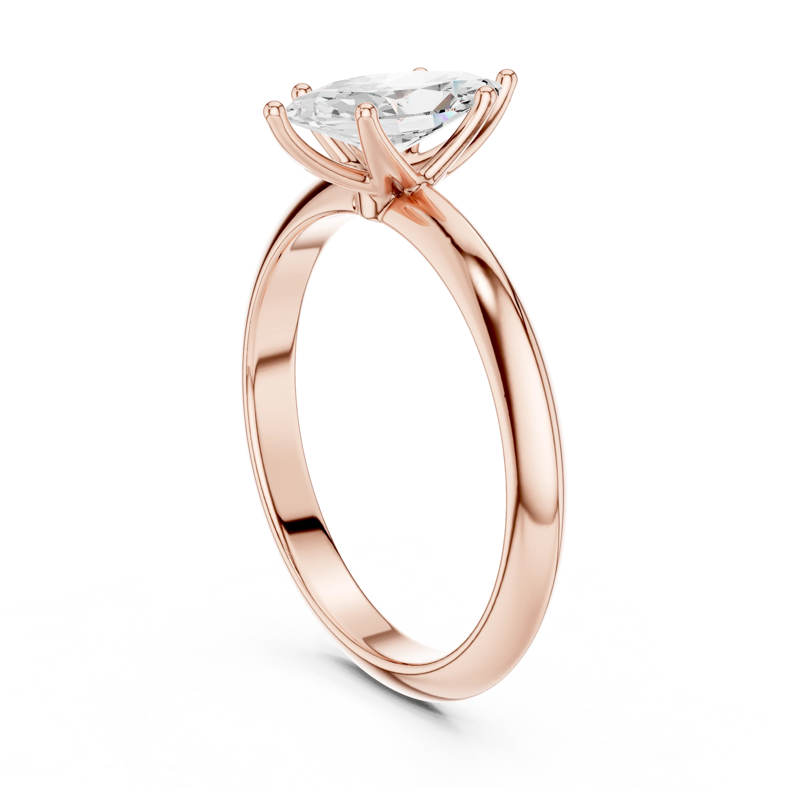 Back side view of rose gold marquise diamond solitaire ring, detailing band and setting.