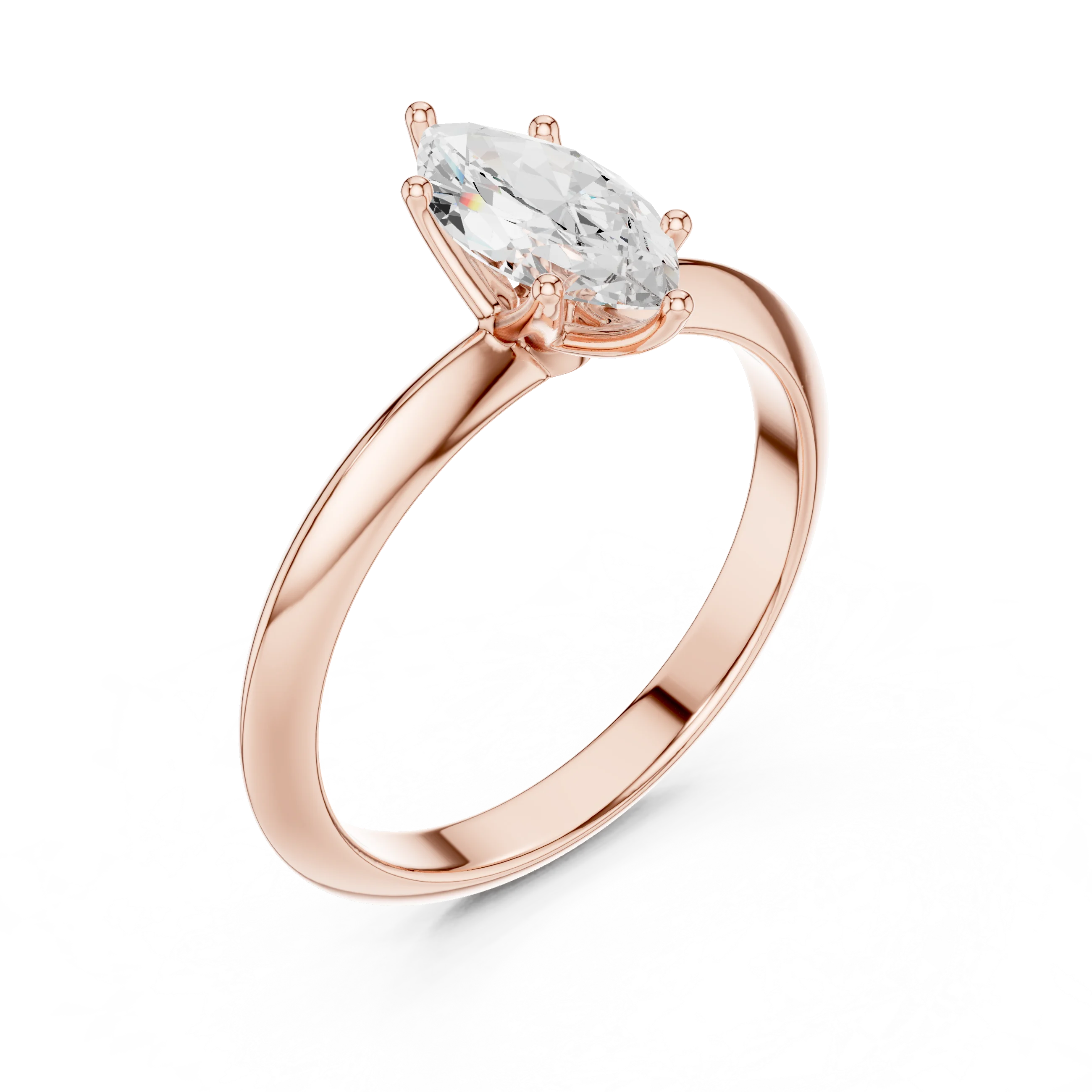 Front view of rose gold marquise diamond solitaire ring, showcasing gemstone brilliance