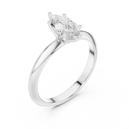 Front view of white gold marquise cut diamond solitaire ring, showcasing center stone.