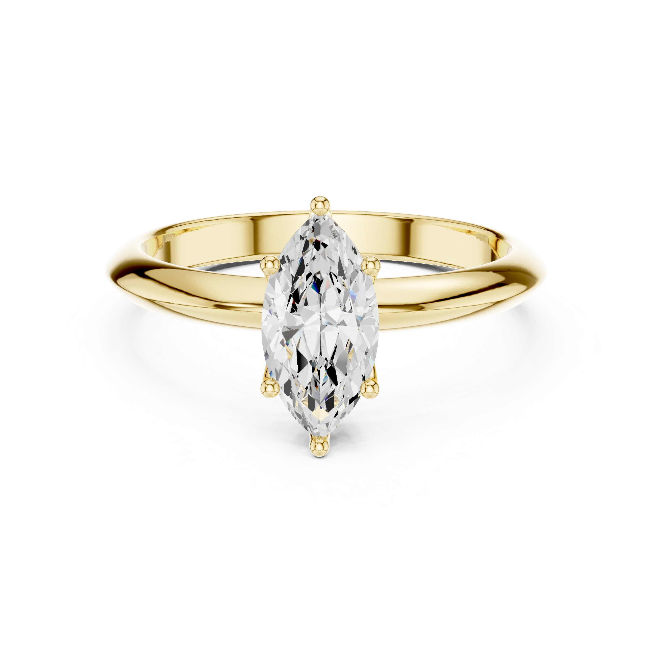 Lab-grown marquise cut diamond solitaire ring in yellow gold, classic top view