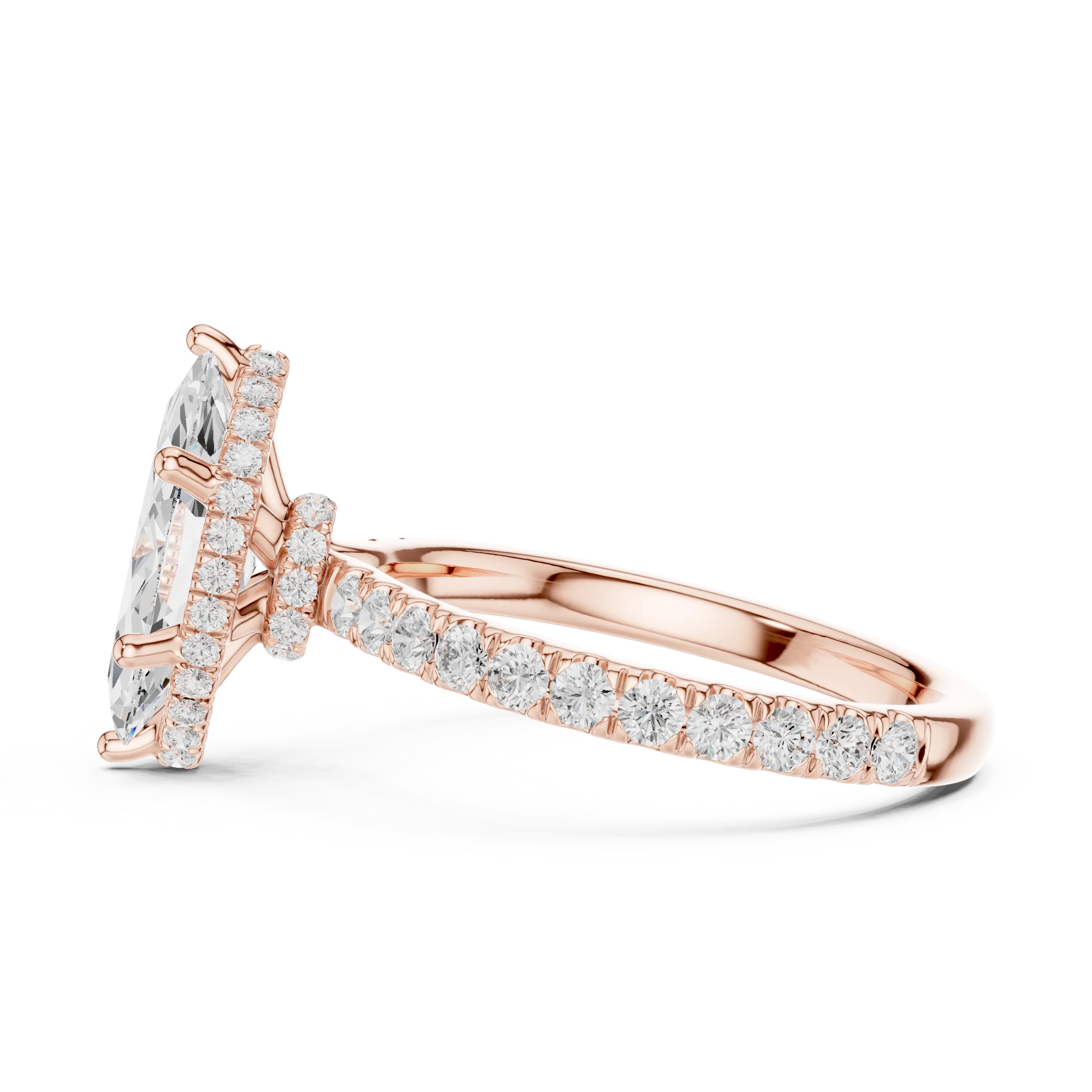 Side view of rose gold marquise hidden halo ring with pave diamond band and lab-grown diamond – Australia