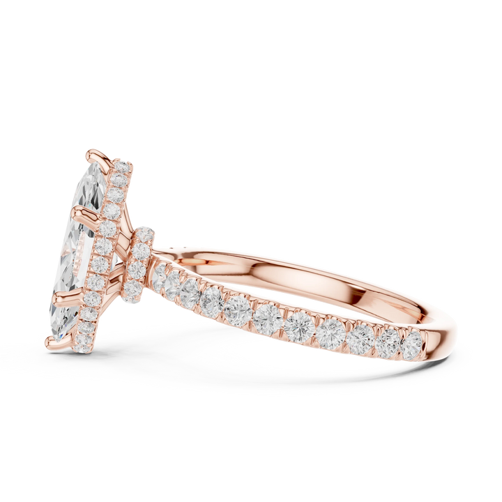 Side view of rose gold marquise hidden halo ring with pave diamond band and lab-grown diamond – Australia