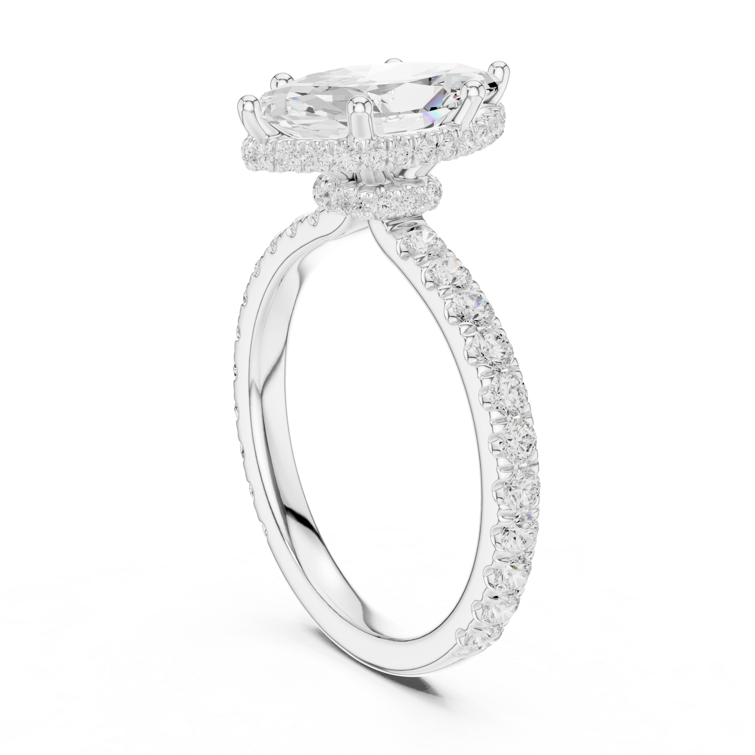 Back view of white gold marquise hidden halo ring with pave diamond band and lab-grown diamond – Australia