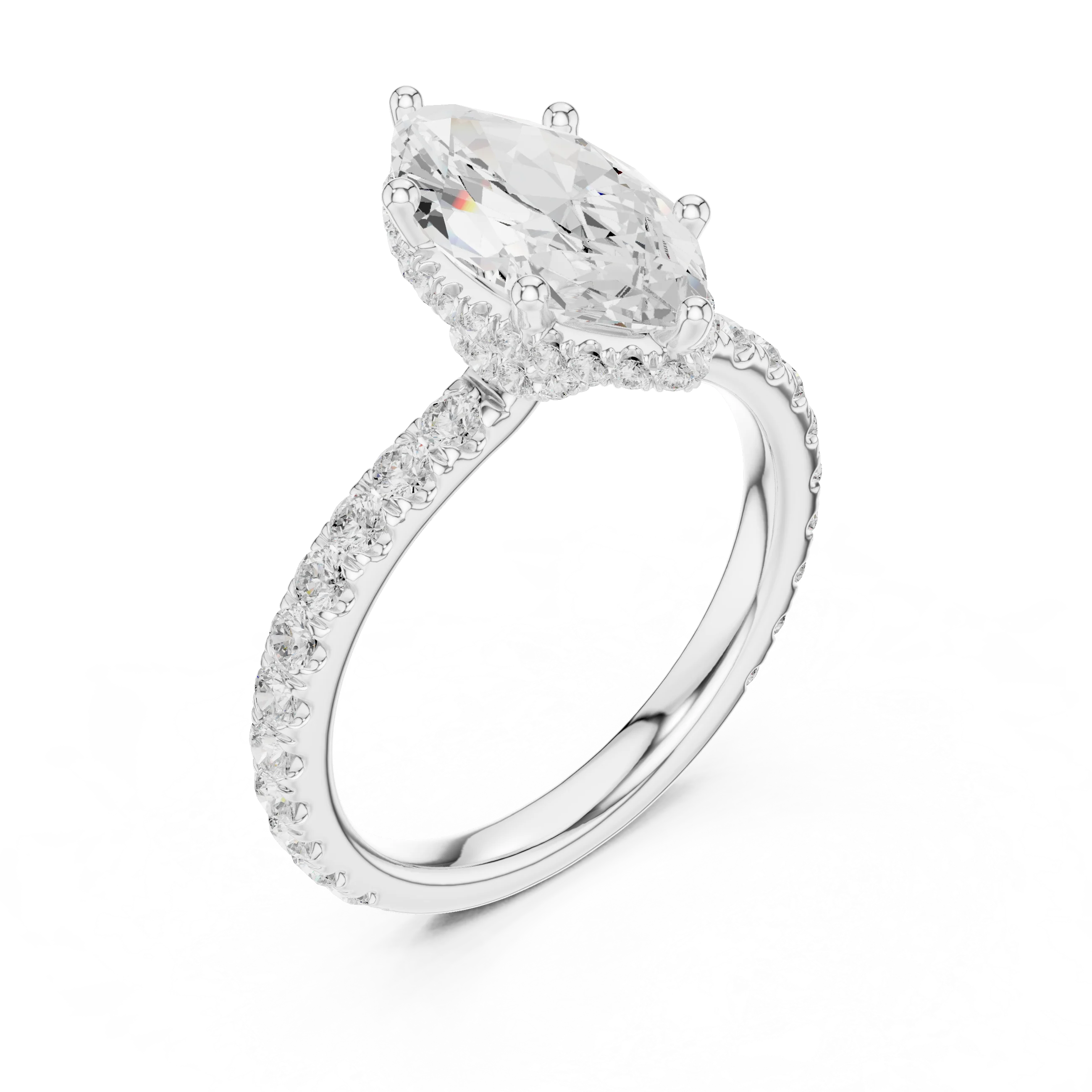 Front view of white gold marquise hidden halo ring with pave diamond band and lab-grown diamond – Australia