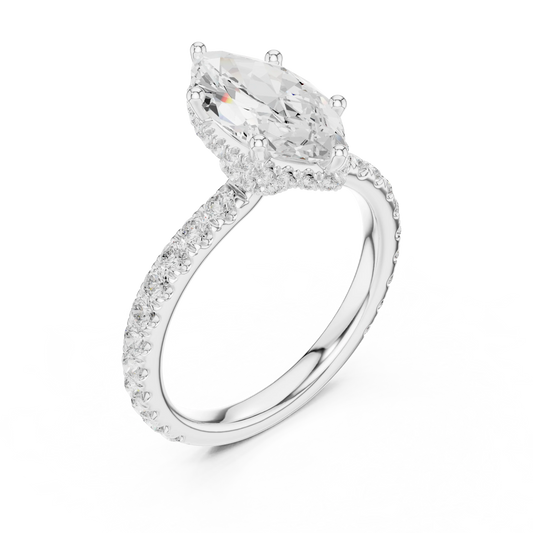 Front view of white gold marquise hidden halo ring with pave diamond band and lab-grown diamond – Australia