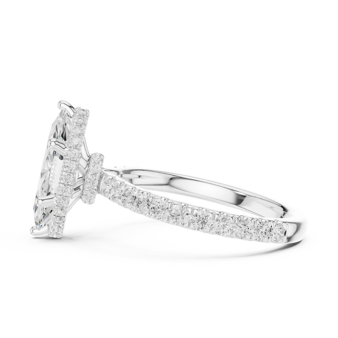 Side view of white gold marquise hidden halo ring with pave diamond band and lab-grown diamond – Australia
