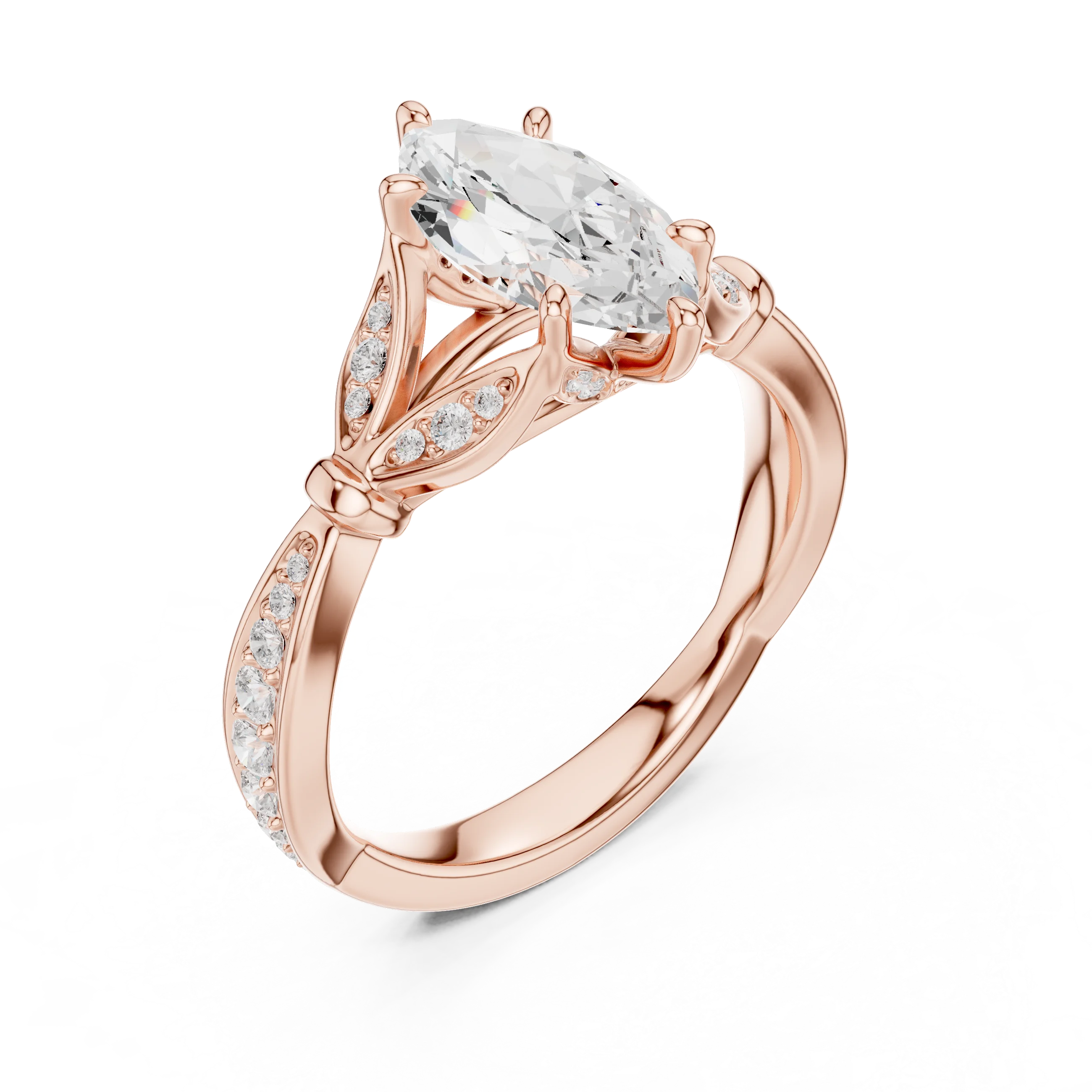 Front view of rose gold marquise solitaire ring with floral milgrain pave band and lab-grown diamond – Australia