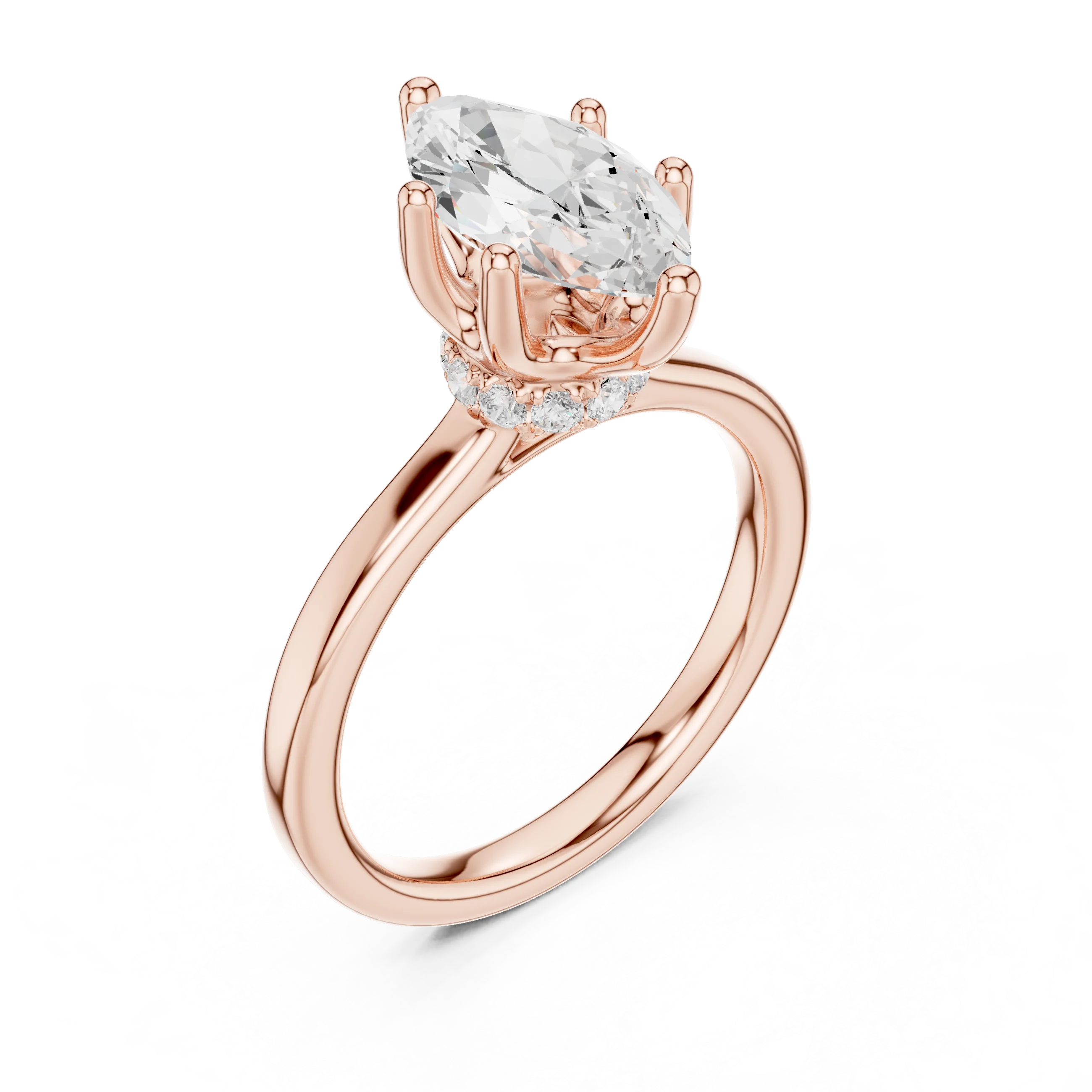 Front view of rose gold marquise cut solitaire ring with hidden halo and domed band and lab-created diamond