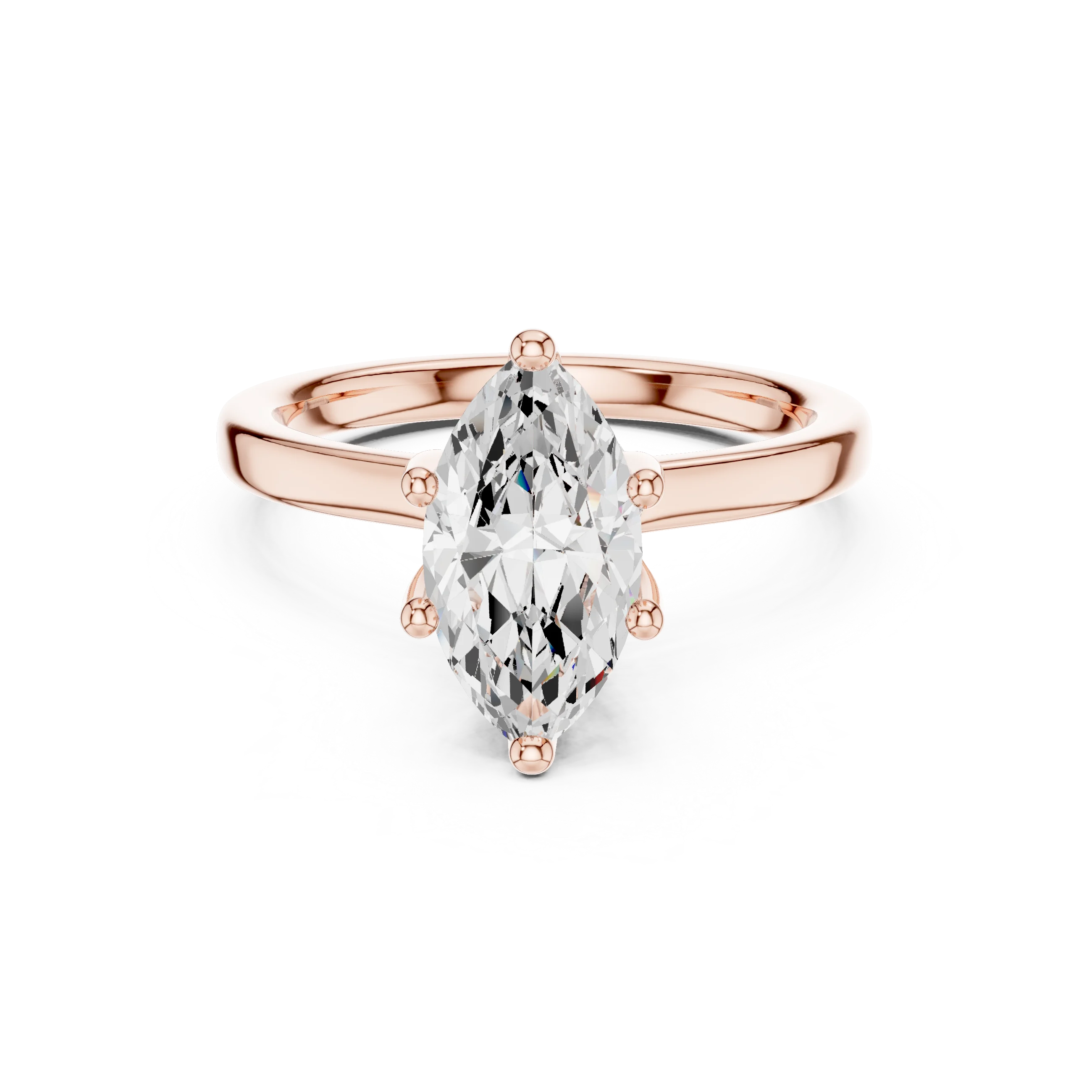 Rose gold marquise cut solitaire ring with hidden halo and domed band featuring lab-grown diamond, modern look