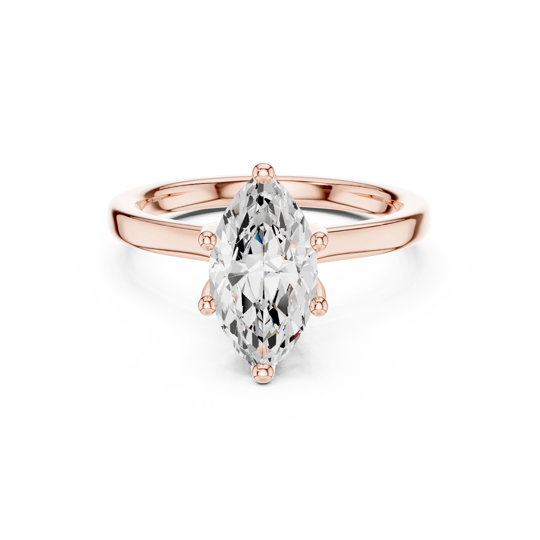 Rose gold marquise cut solitaire ring with hidden halo and domed band featuring lab-grown diamond, modern look