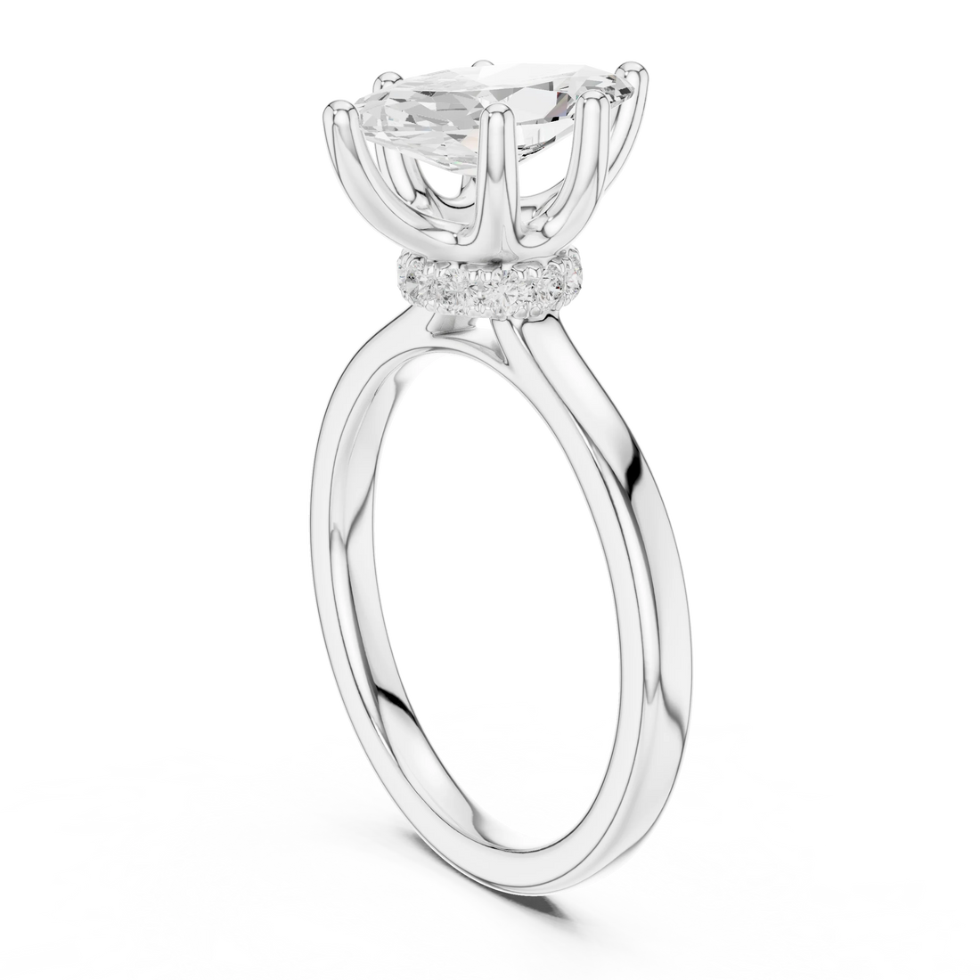 Back view of white gold marquise cut solitaire ring showing hidden halo and domed band details