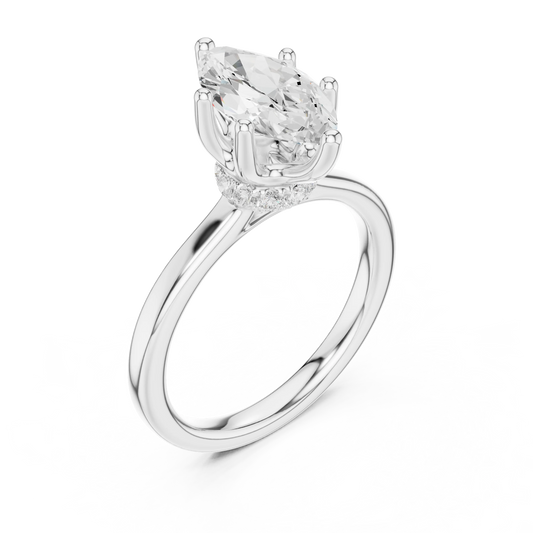 Front view of white gold marquise cut solitaire ring with hidden halo and domed band and lab-created diamond
