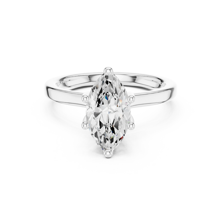 Top view of white gold marquise cut solitaire ring with hidden halo and domed band featuring lab-grown diamond