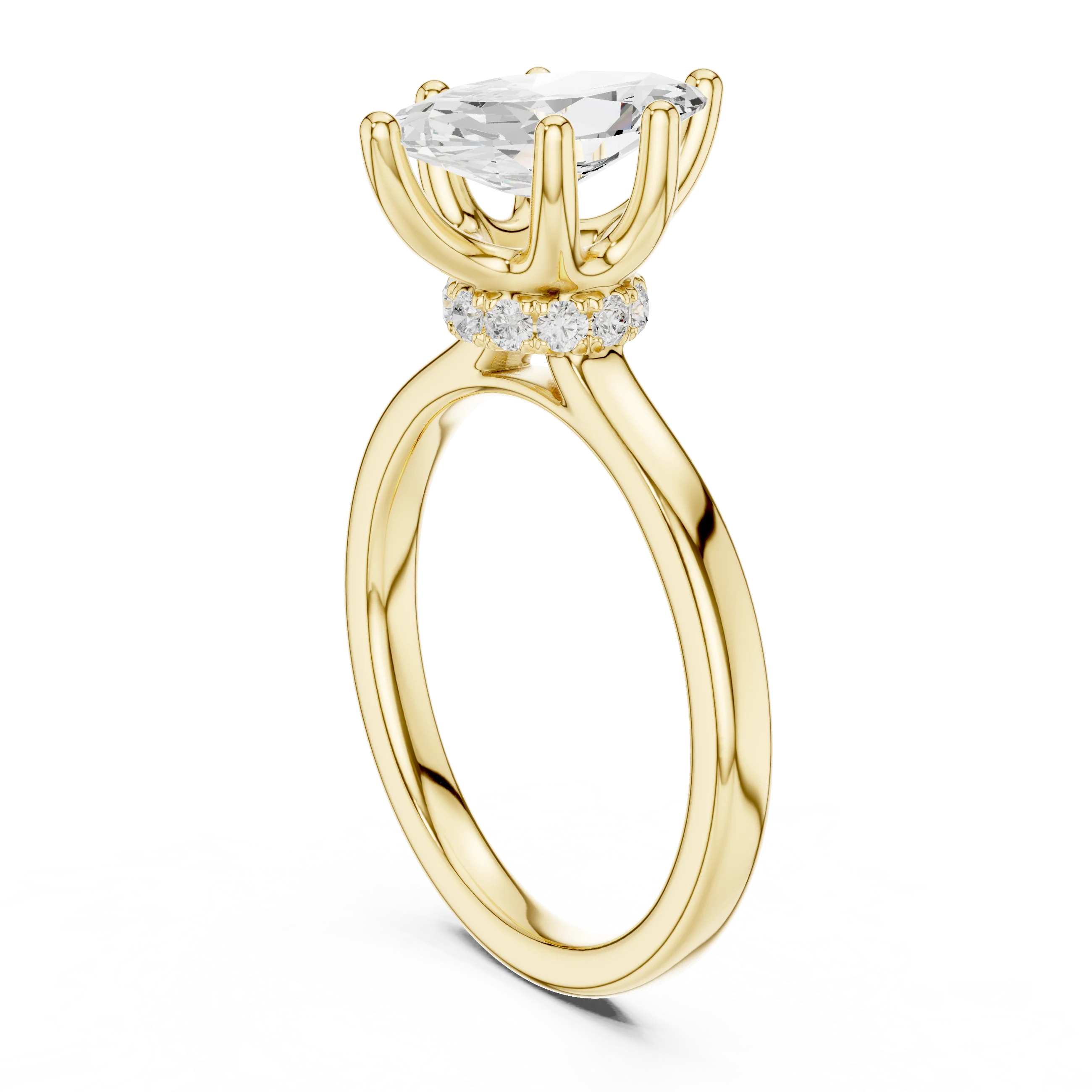 Back view of yellow gold marquise cut solitaire ring showing hidden halo and domed band details