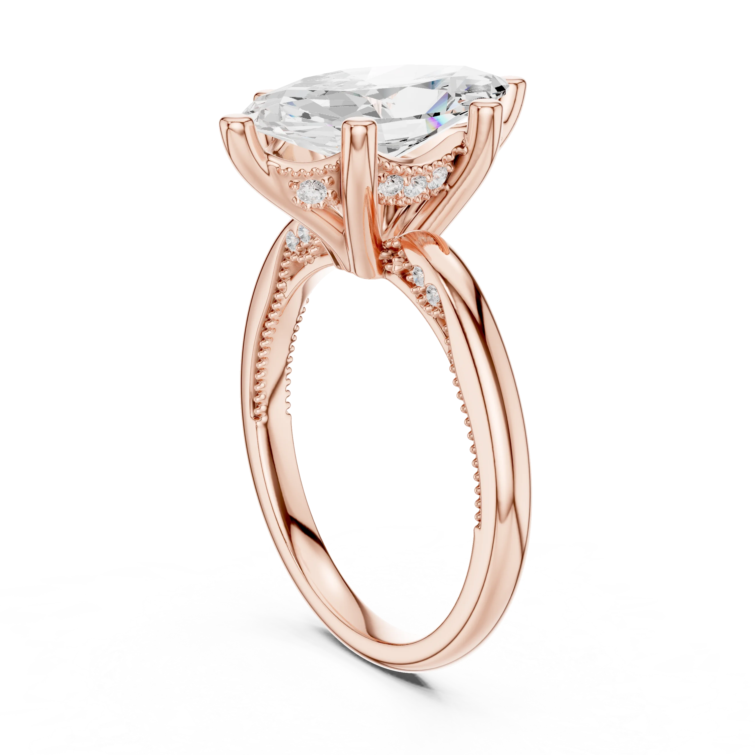 Back side view of rose gold marquise cut solitaire ring showing hidden halo and domed band structure