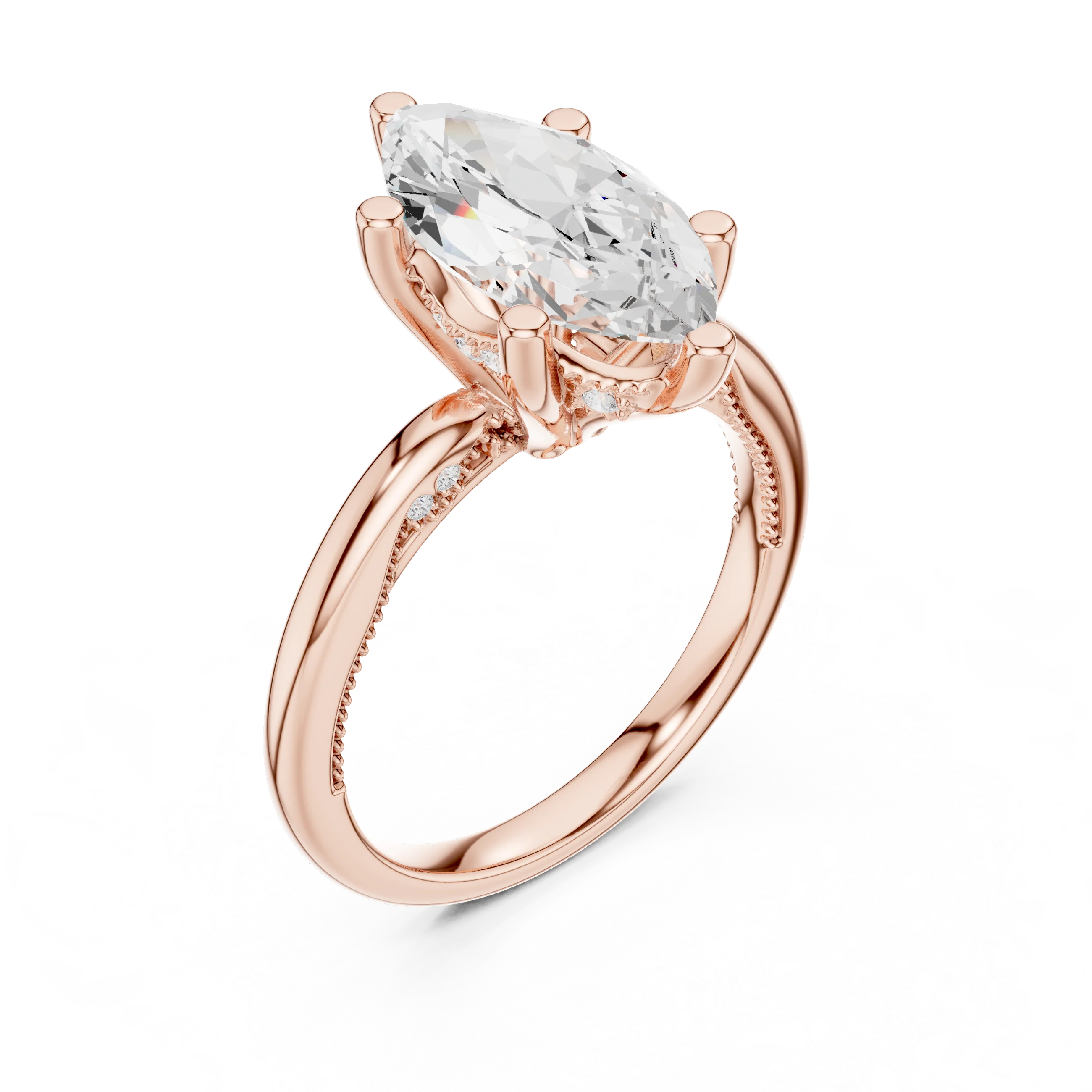 Front view of rose gold marquise cut solitaire ring with hidden halo and domed band and lab-created diamond