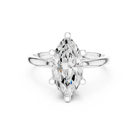 White gold marquise cut solitaire ring with hidden halo and domed band featuring lab-grown diamond, elegant design