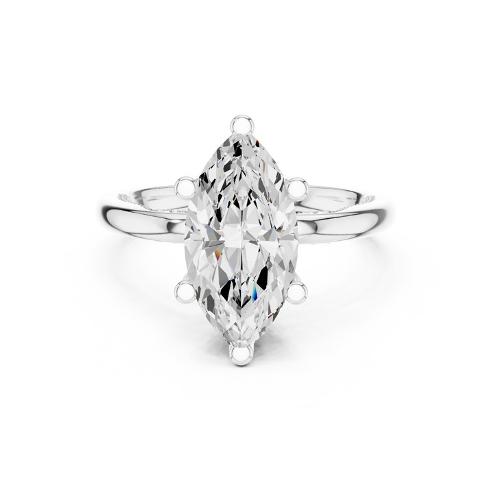 White gold marquise cut solitaire ring with hidden halo and domed band featuring lab-grown diamond, elegant design