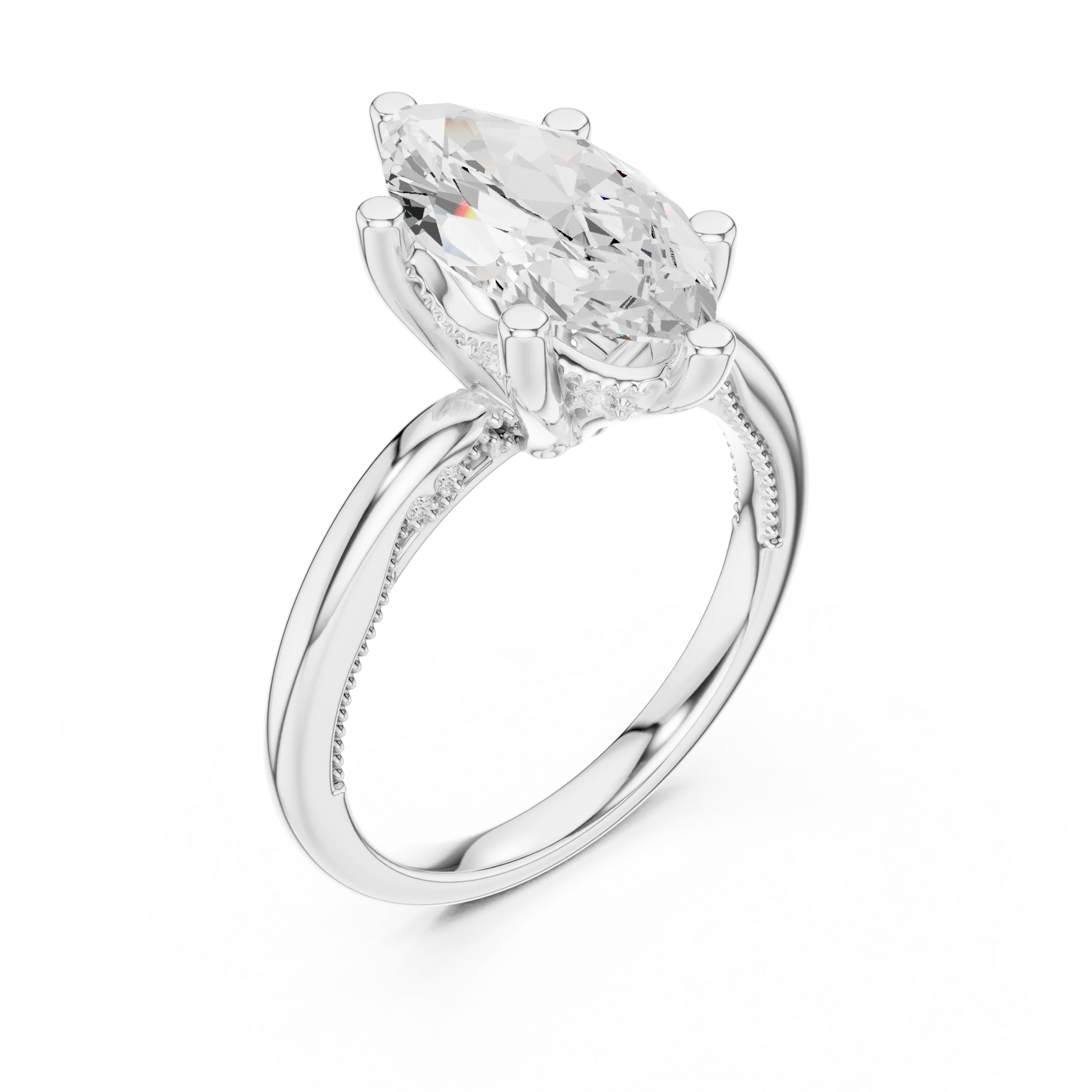 Front view of white gold marquise cut solitaire ring with hidden halo and domed band and lab-created diamond