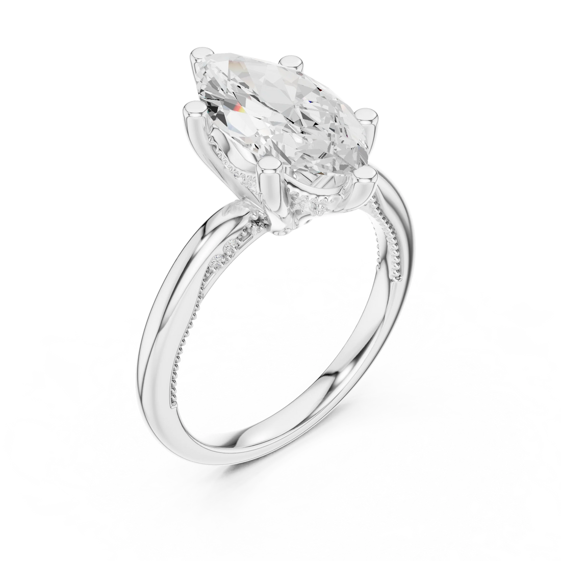 Front view of white gold marquise cut solitaire ring with hidden halo and domed band and lab-created diamond